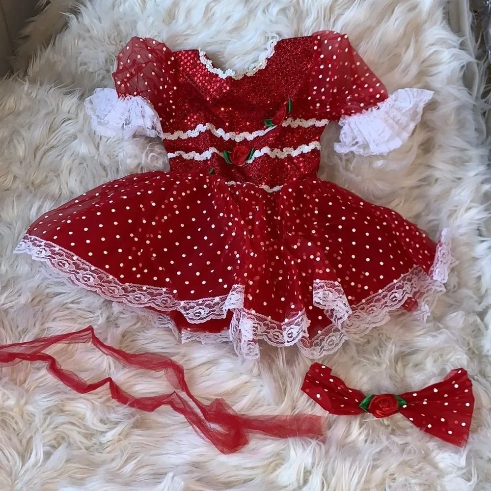 Adorable Tap Costume. Red with white lace trim and polka dots.